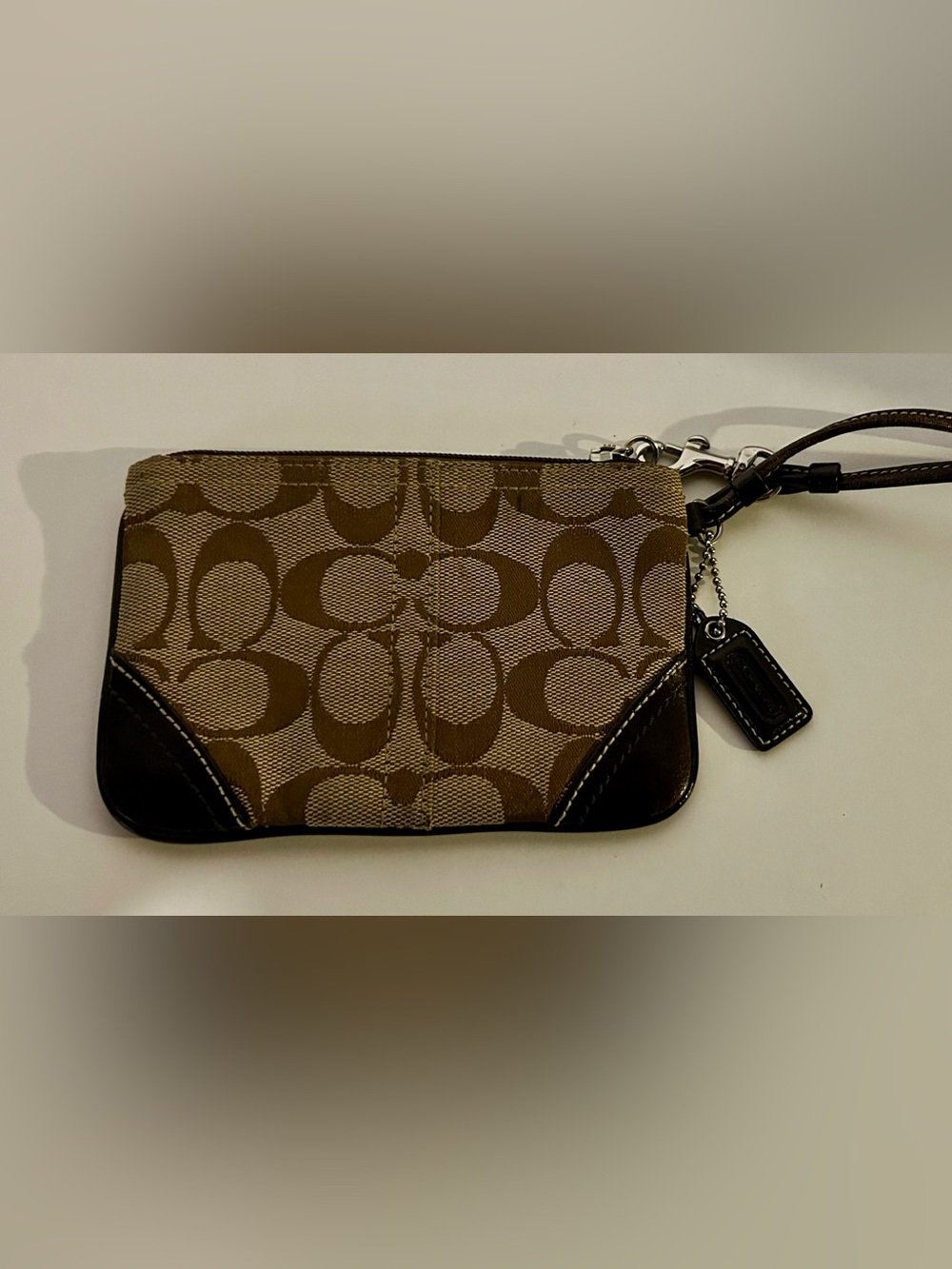 Coach Signature Logo Small Brown Zip Wristlet